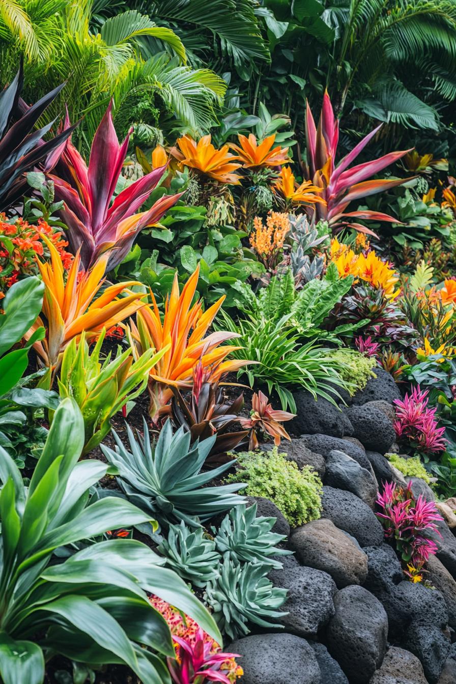 Tropical plants with vibrant colors and textured rocks