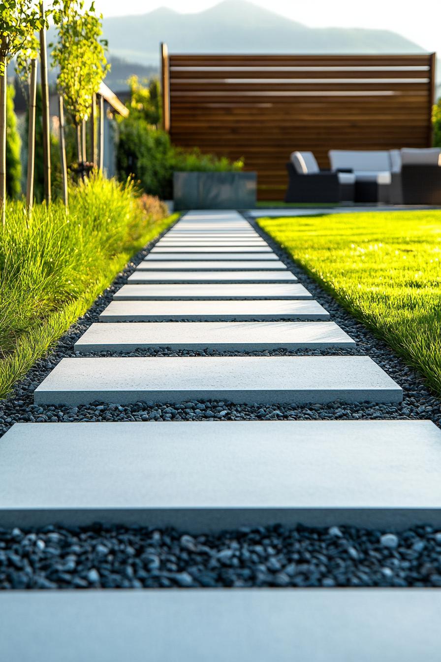 Modern stone pathway with lush greenery