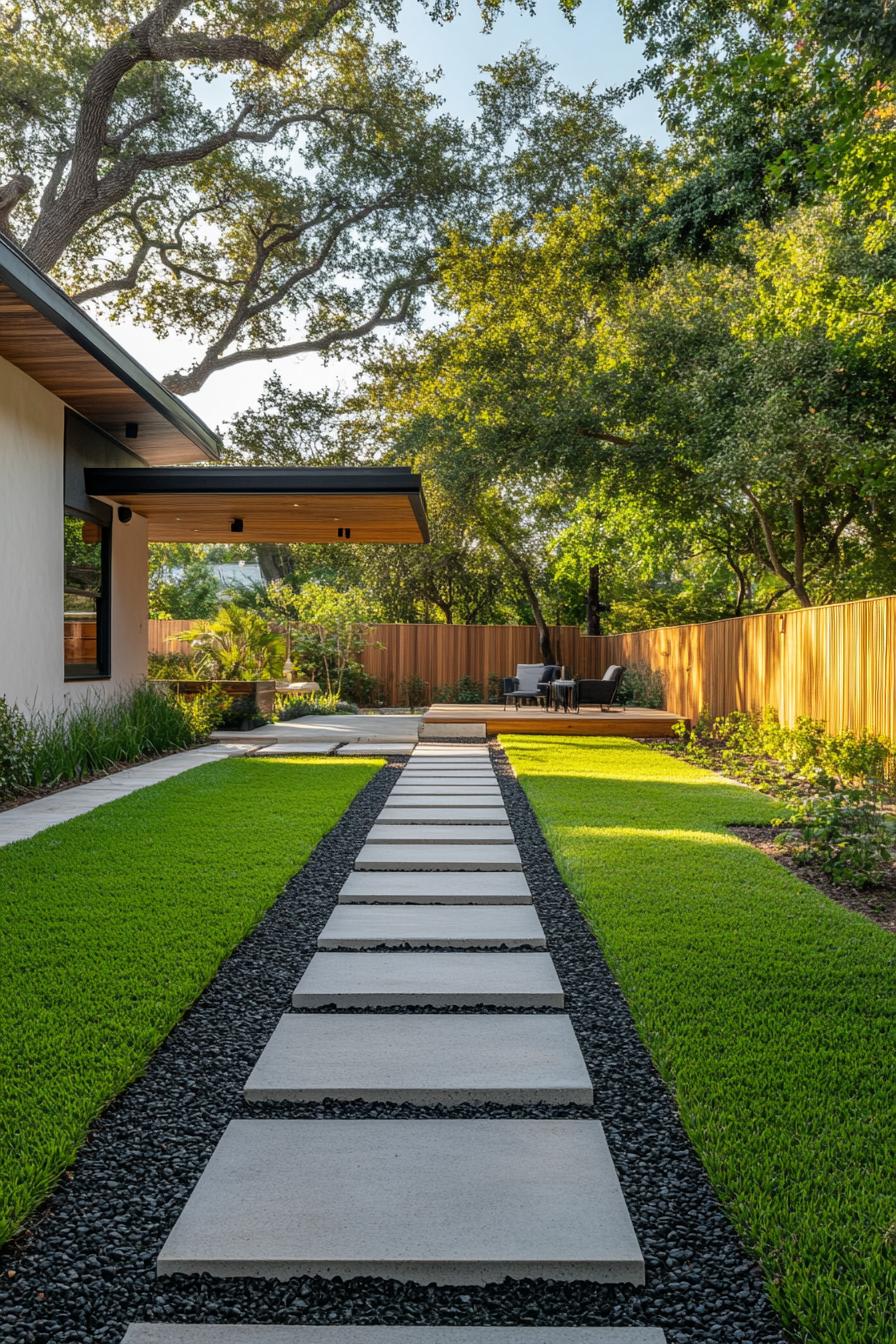 Modern stone walkway with lush greenery