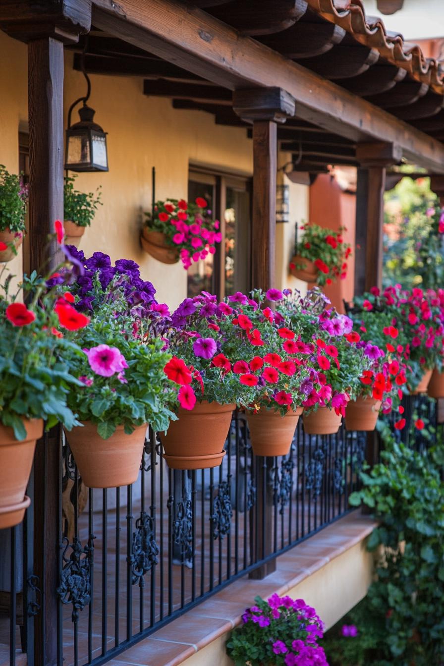 Colorful flowers in terracotta pots on a balcony with wrought iron railing