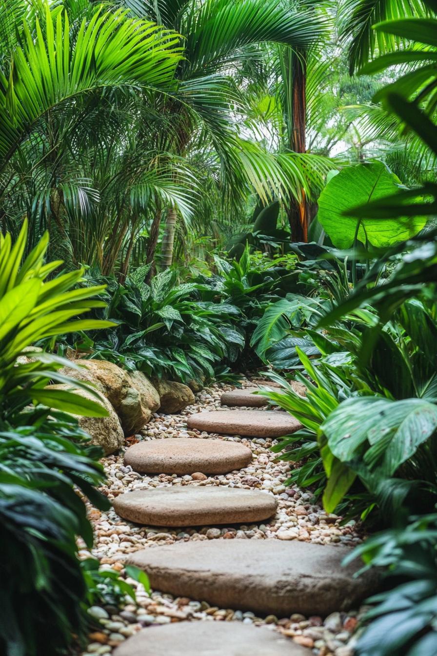 Pebbled path surrounded by lush tropical plants