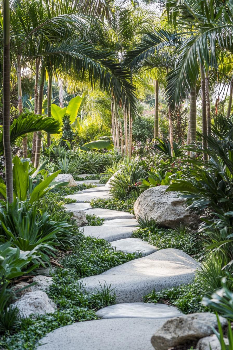 Stone path winding through tropical garden with palms