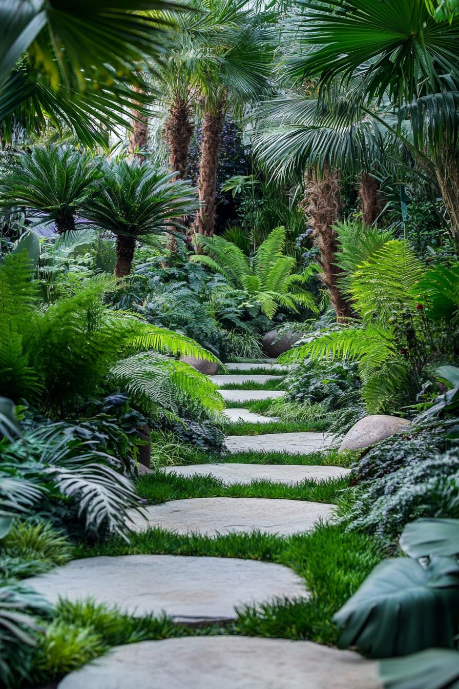 Lush garden path lined with vibrant tropical plants