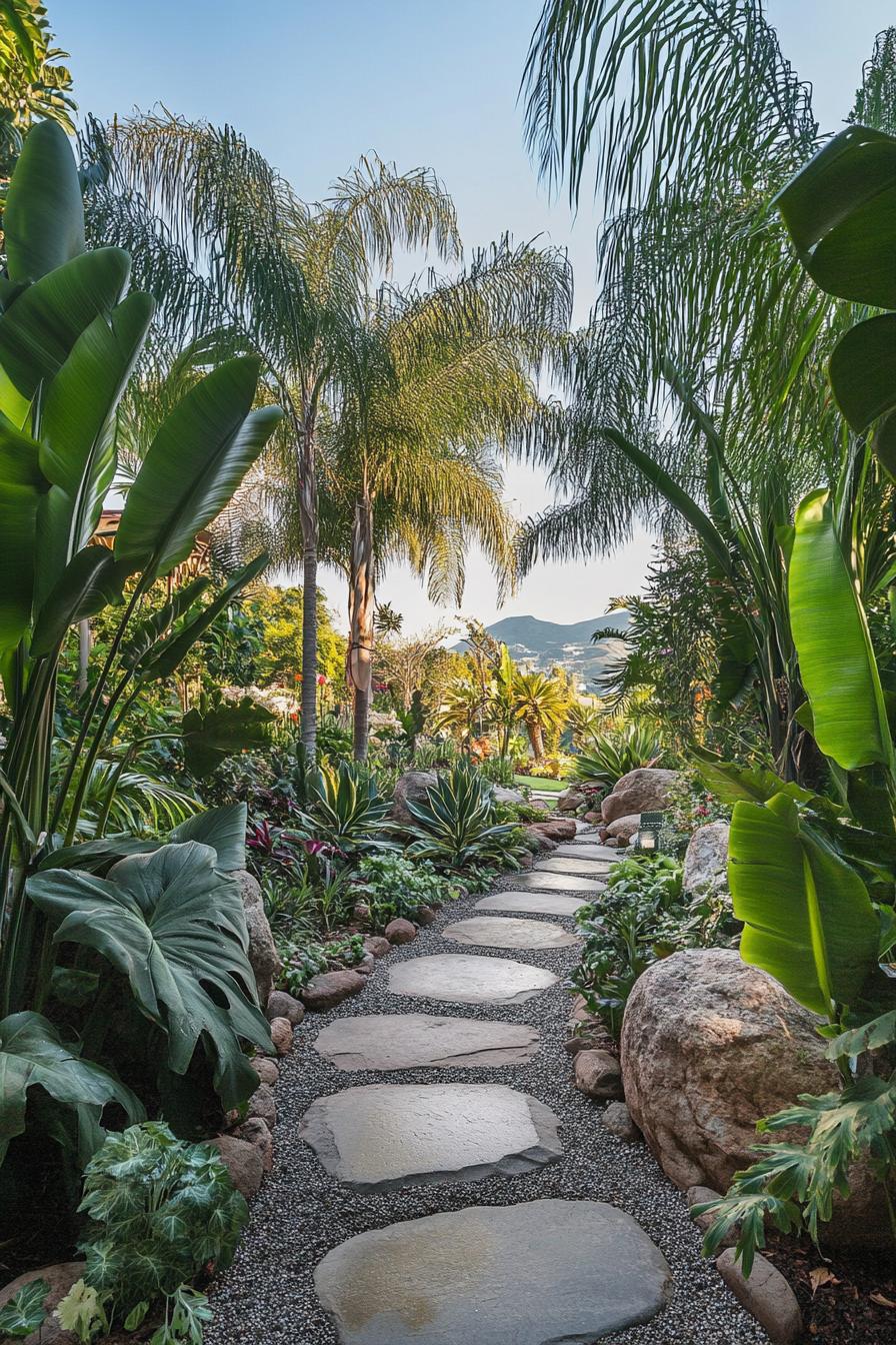 Stone path amidst tropical plants and trees