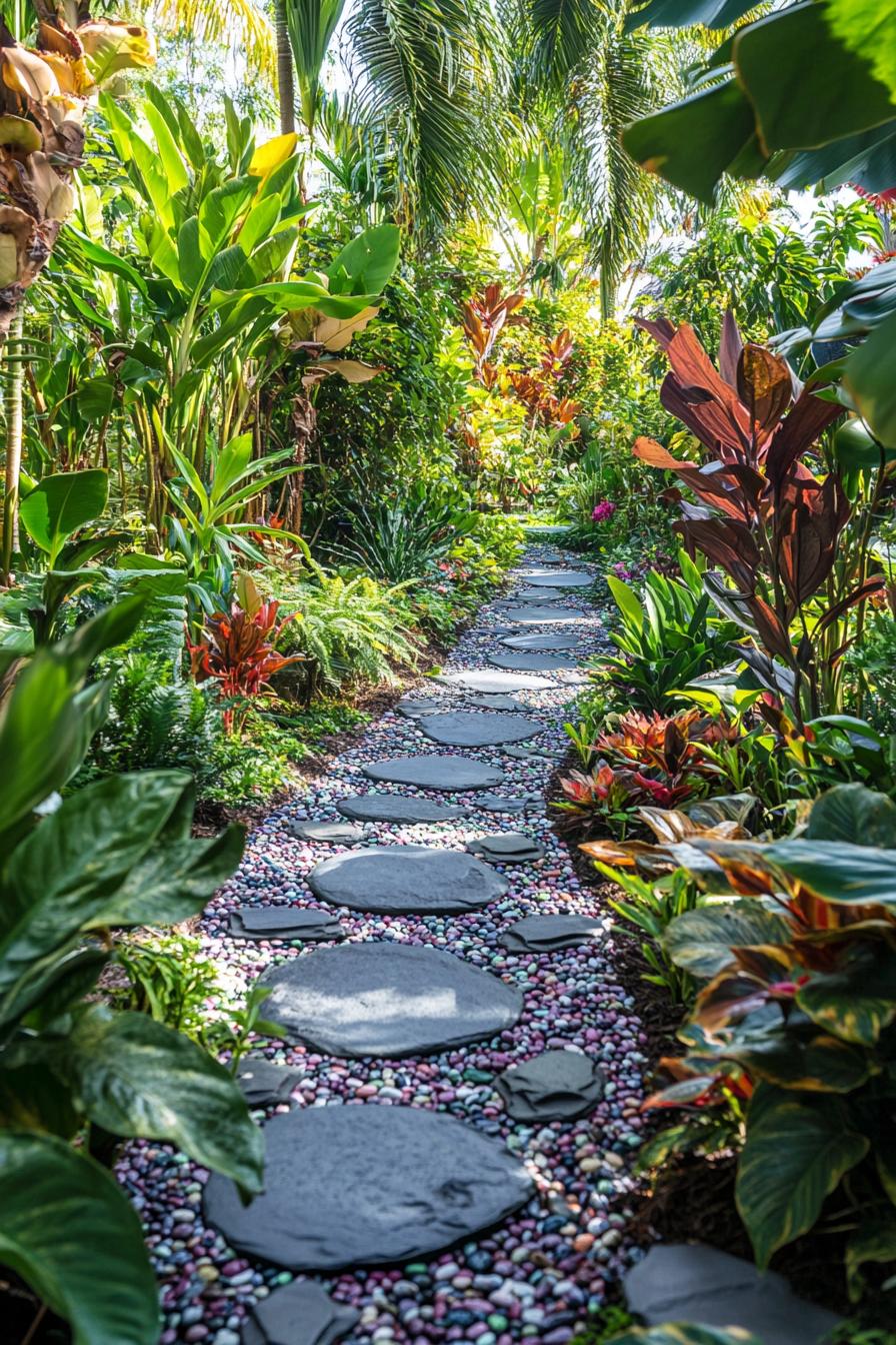 Colorful pebbles lining a lush garden path with stone steps