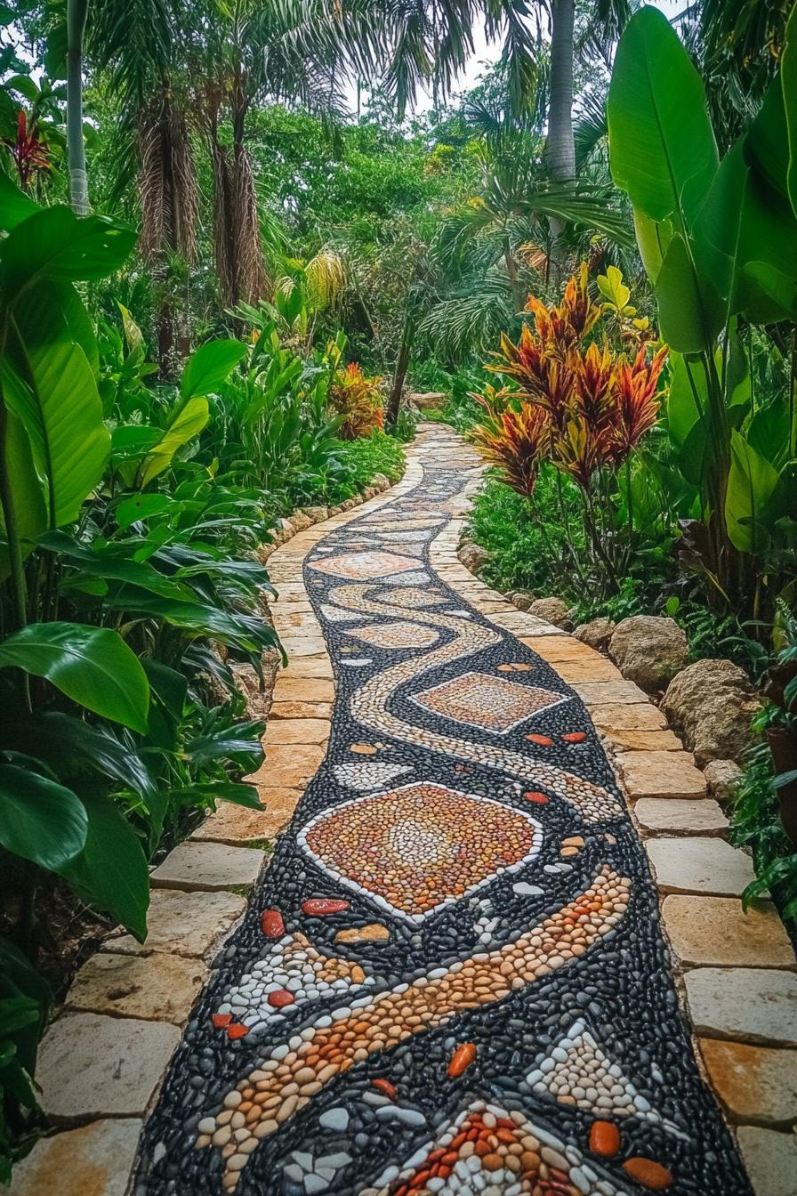 Colorful pebble pathway winding through lush tropical plants