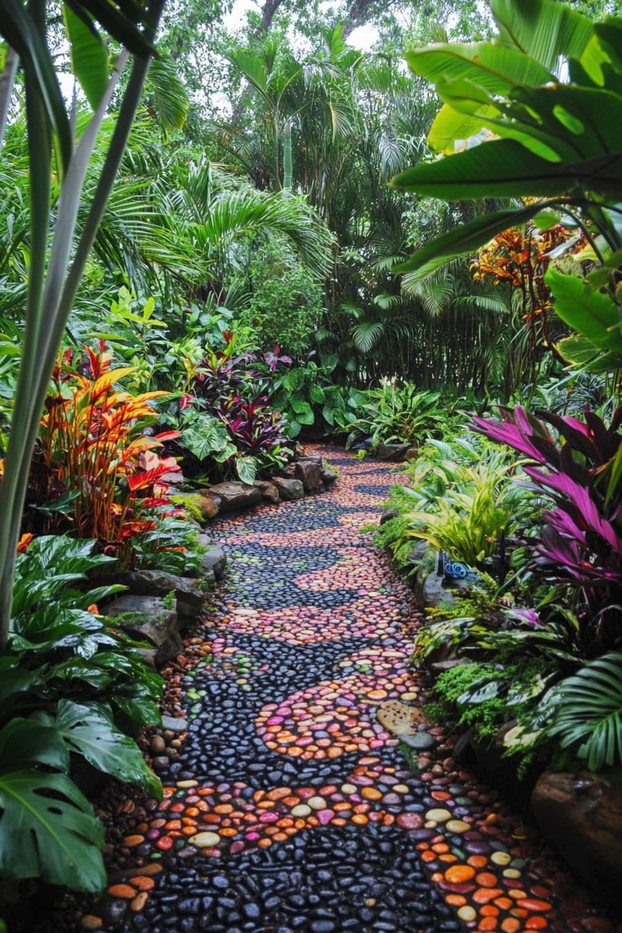 Colorful pebble path lined with lush green foliage