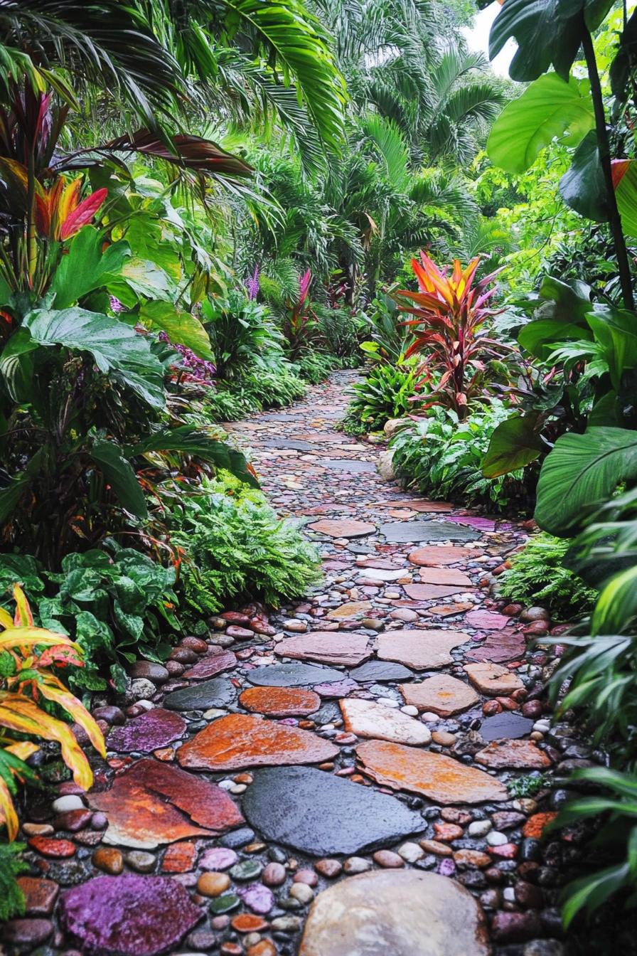 Colorful pebble walkway surrounded by vibrant plants