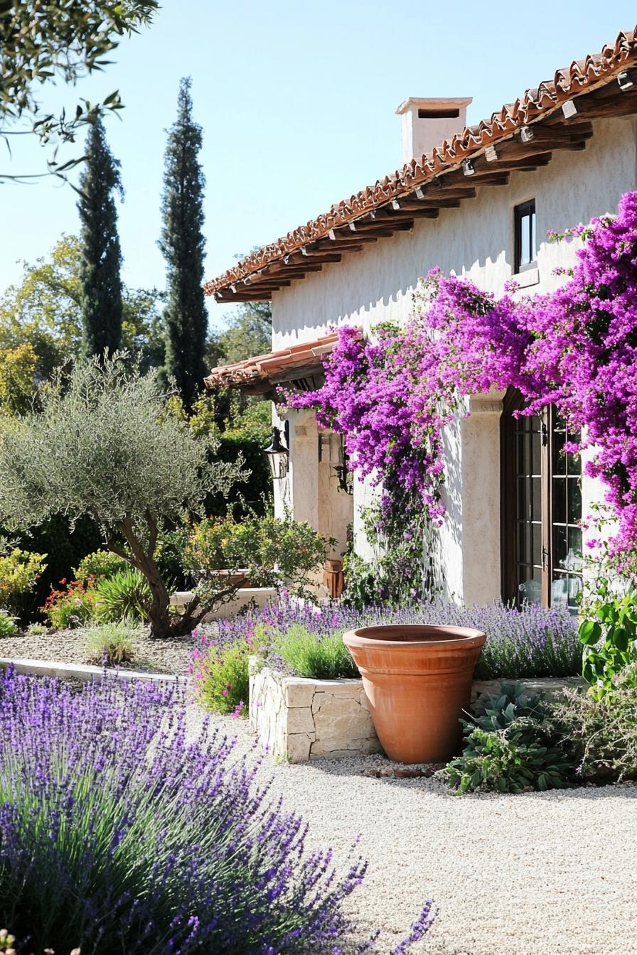 White stucco house with flowering vines