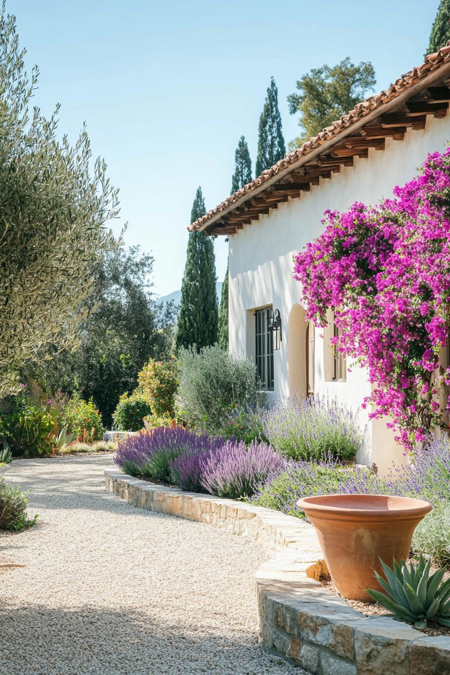 Colorful garden with lavender, bougainvillea, and a charming pathway