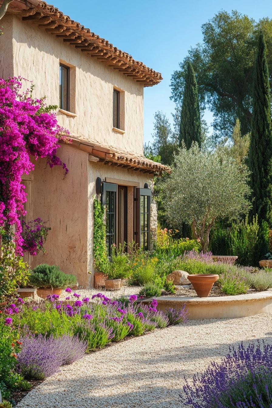 Rustic house with vibrant garden and bougainvillea