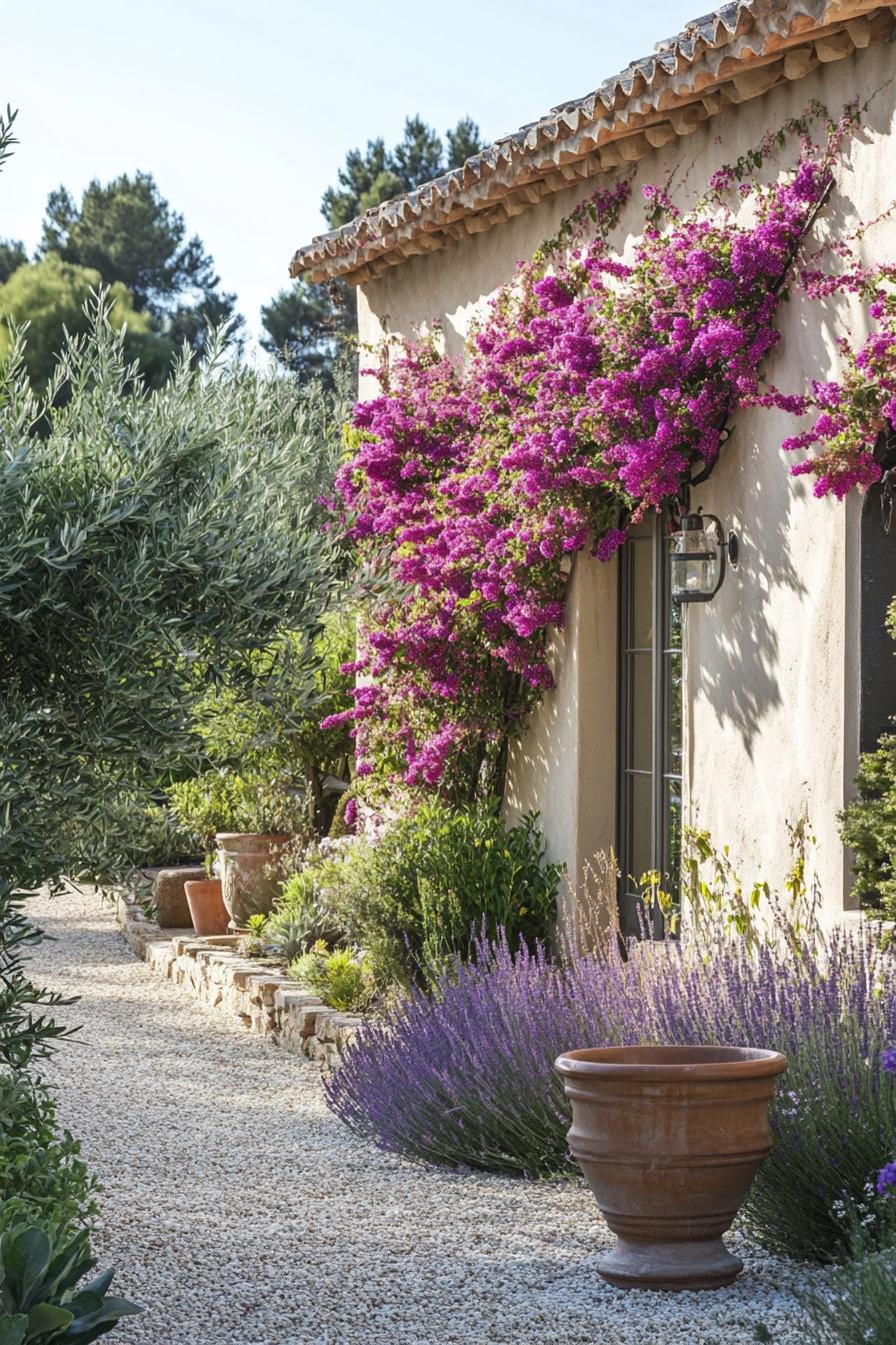 Stucco wall adorned with vibrant pink bougainvillea