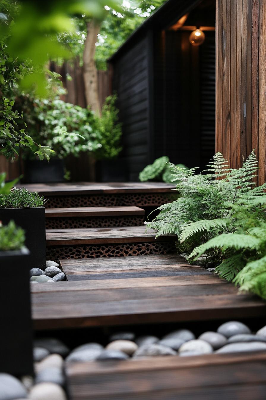 Wooden walkway with plants and pebbles