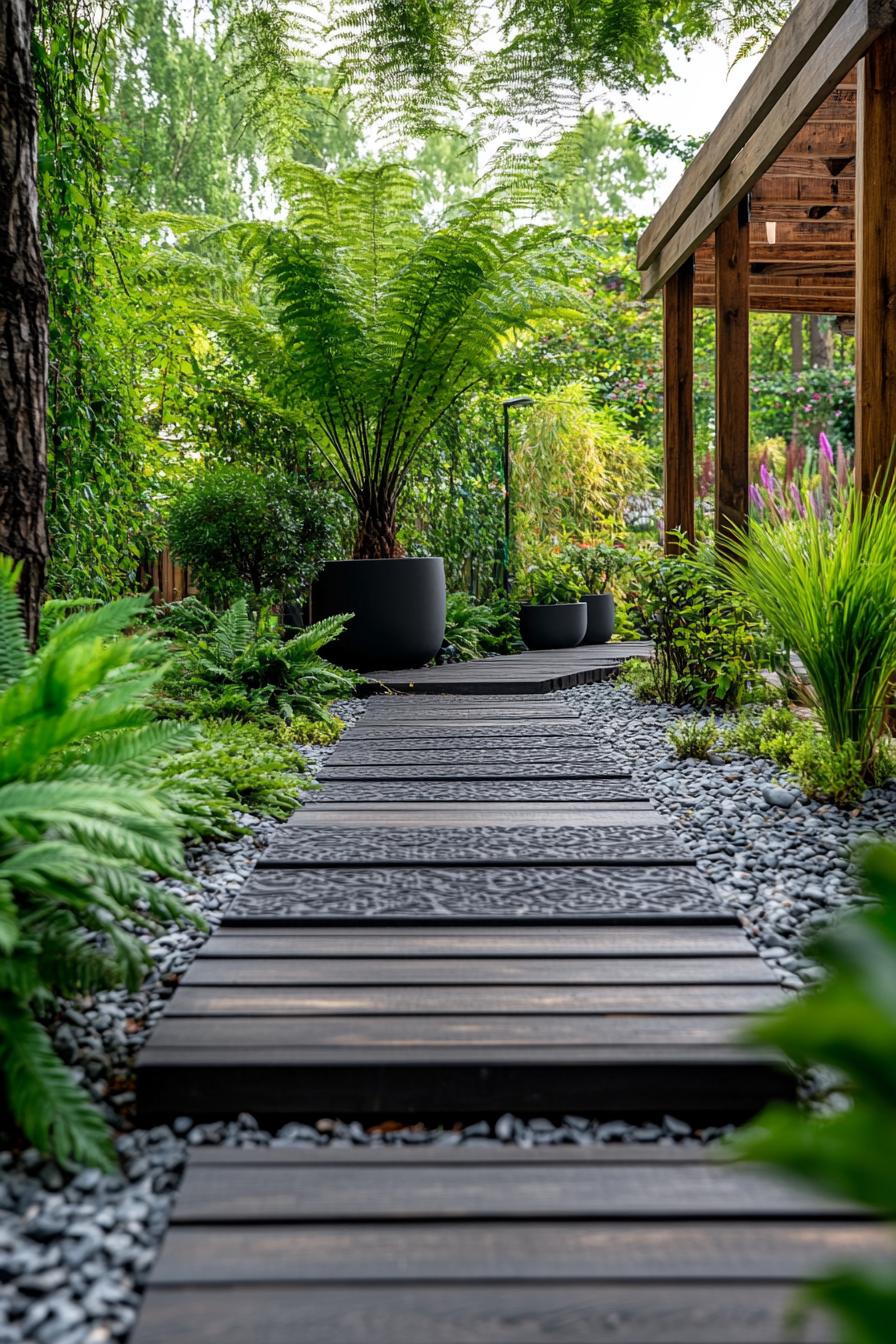 Modern garden walkway with ferns and wooden path