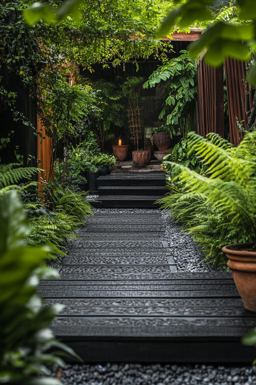 Lush garden path with wooden planks and vibrant foliage