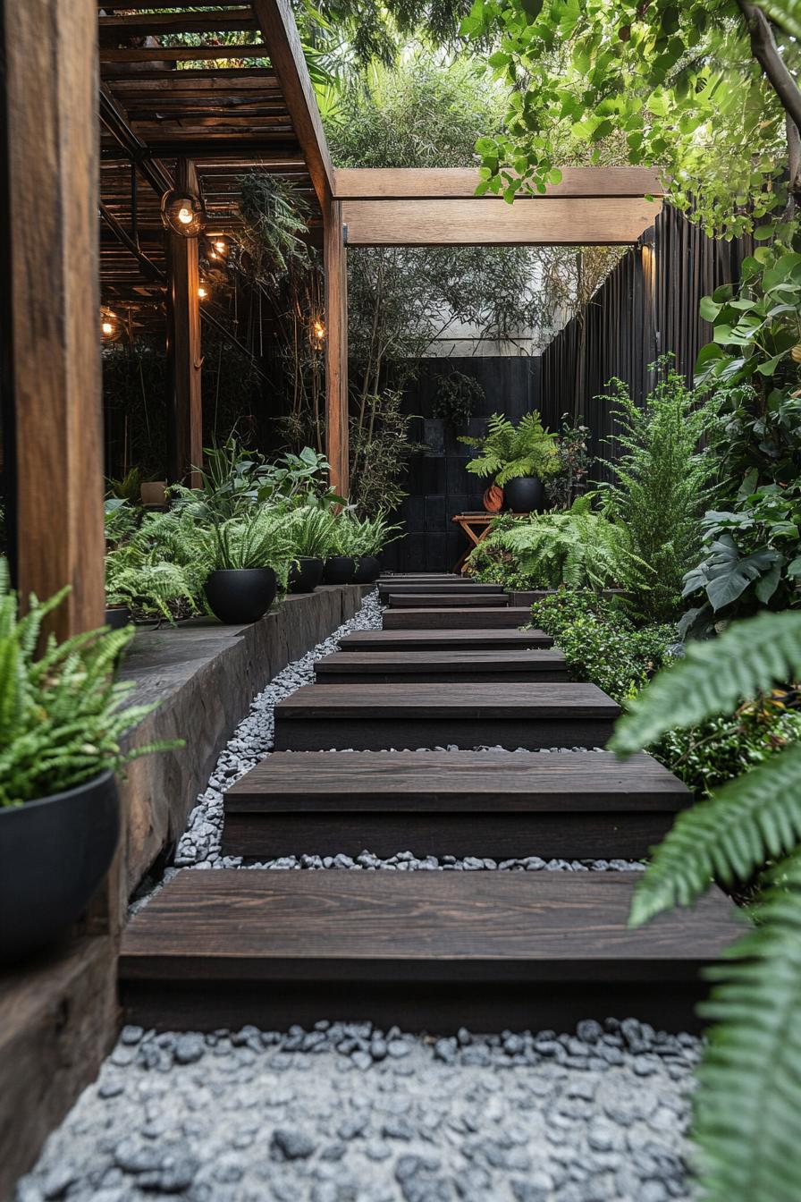 A lush garden walkway with wooden steps and vibrant greenery