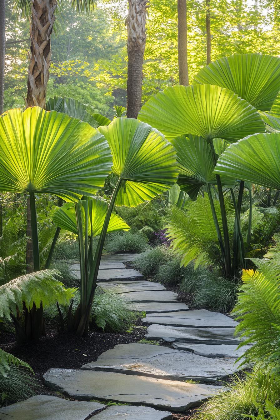 Pathway with large fan-shaped leaves and stone slabs