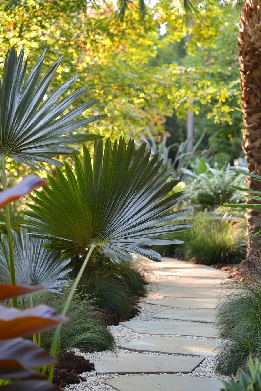 Serene path flanked by large tropical leaves and greenery