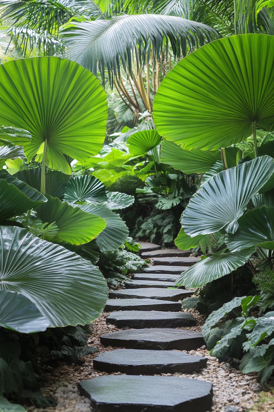 Stone path winding through vibrant tropical plants