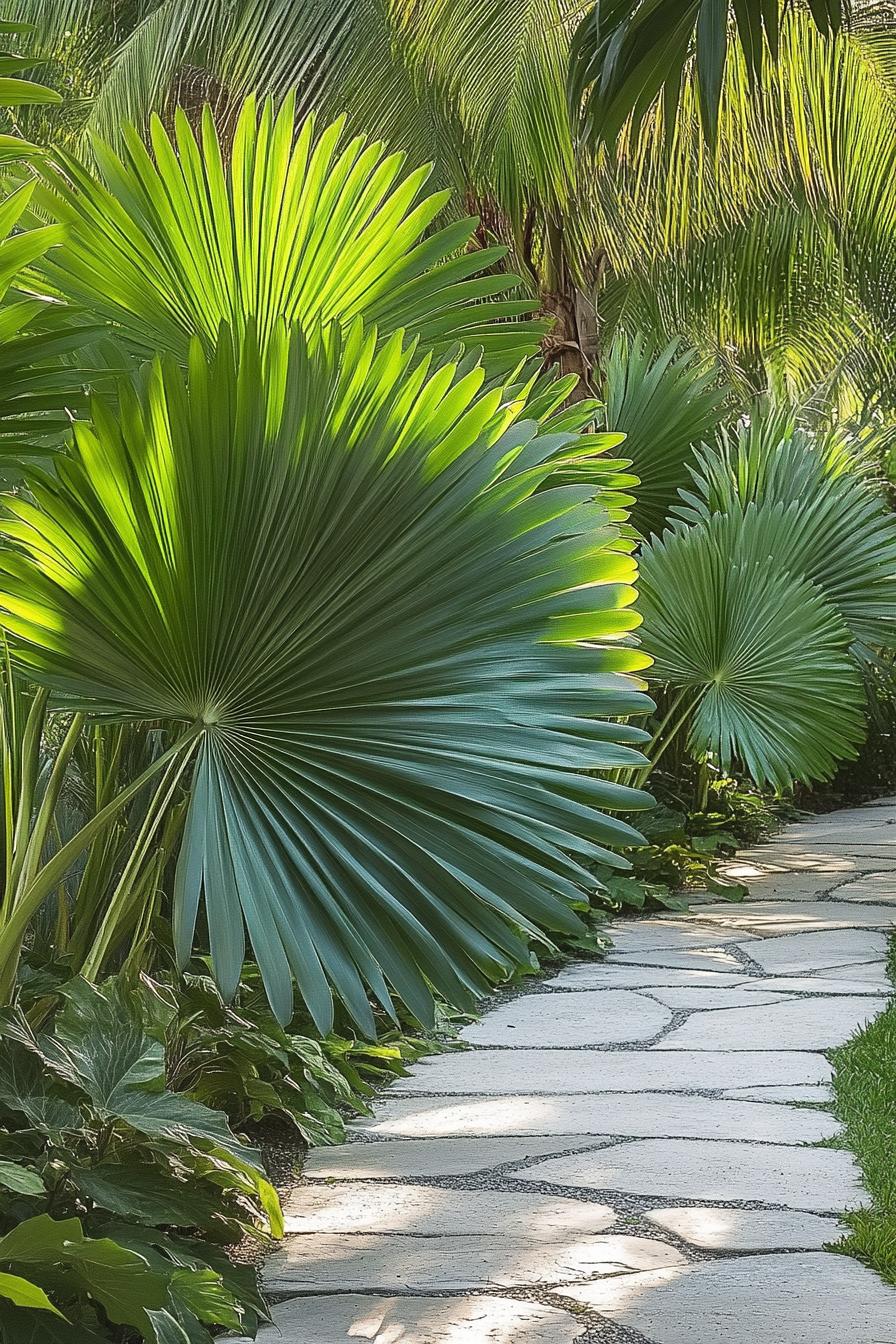 Pathway lined with large, vibrant palm leaves