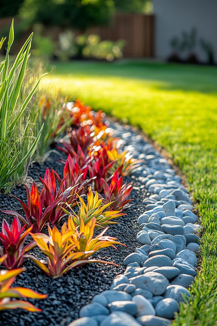 Vibrant tropical plants line a stone path in a sunny garden