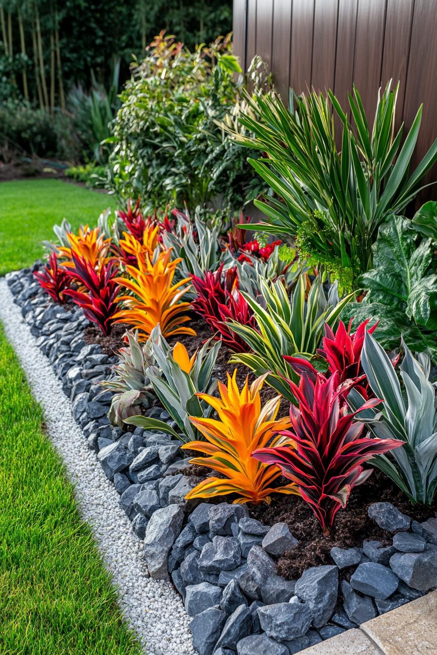 Vibrant tropical plants surrounded by stones in a garden