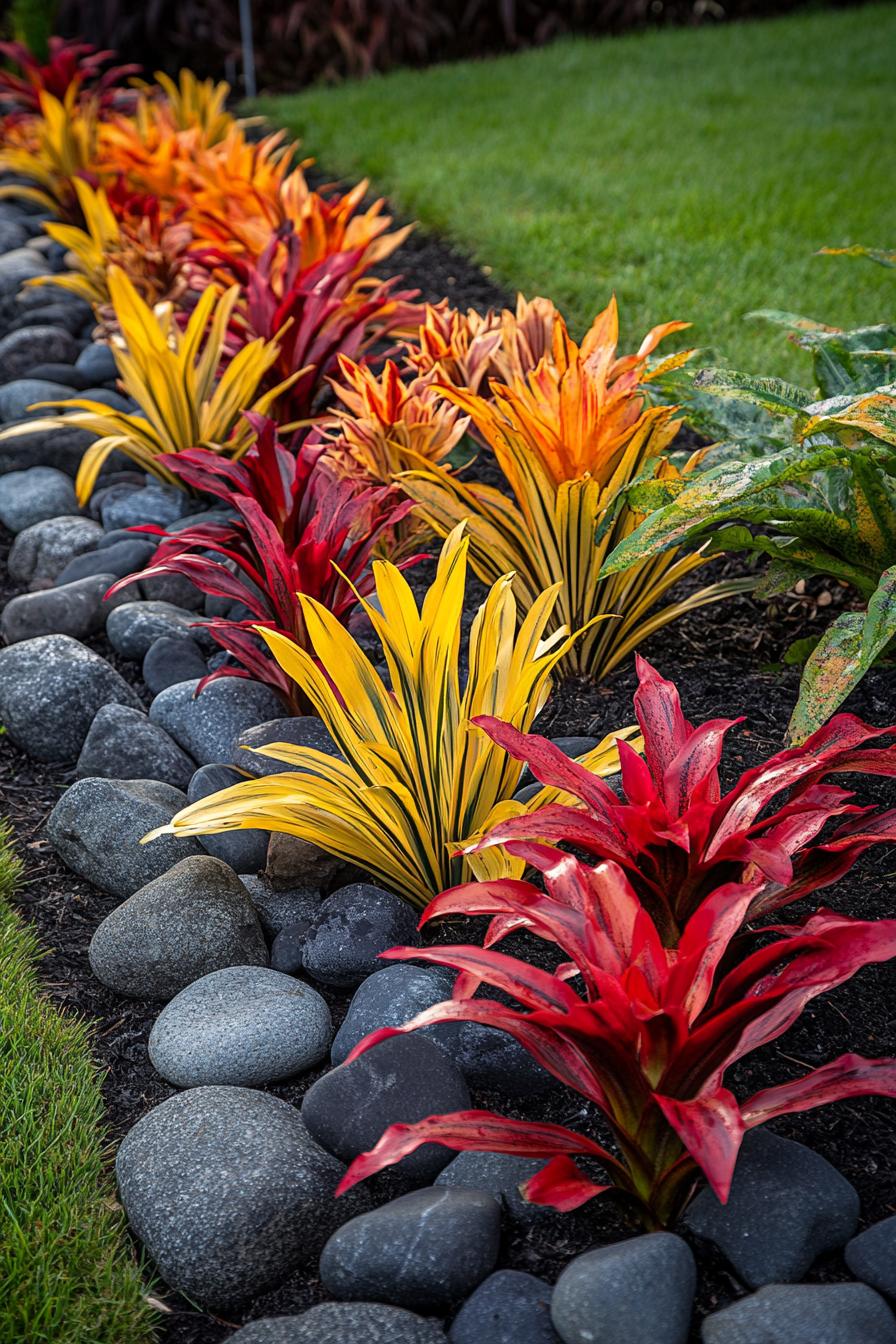 Colorful tropical plants alongside smooth black stones