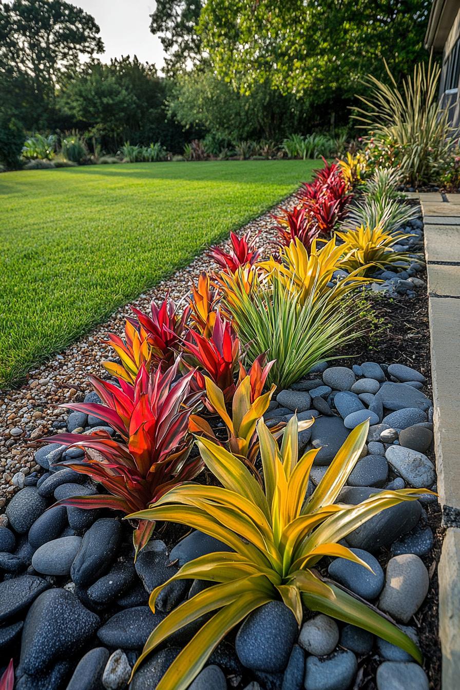 Colorful tropical plants lining a pebble path next to a lush green lawn