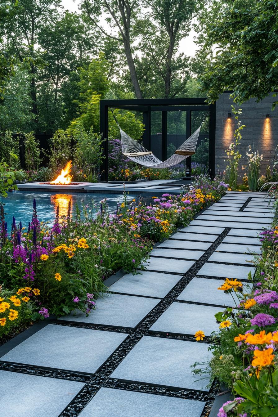 Stone path with vibrant flowers leading to hammock and fire pit