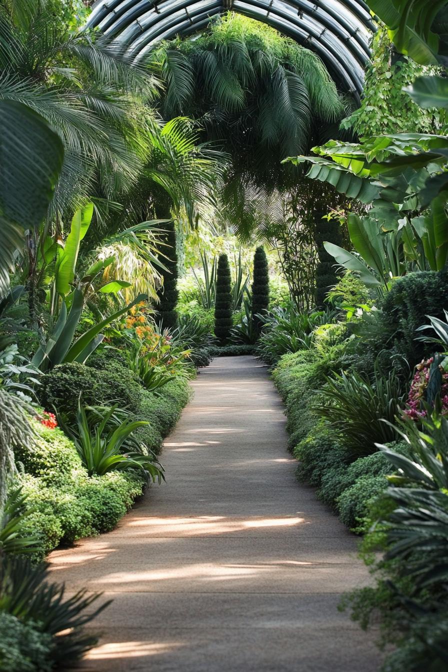 Lush pathway with towering palms and greenery