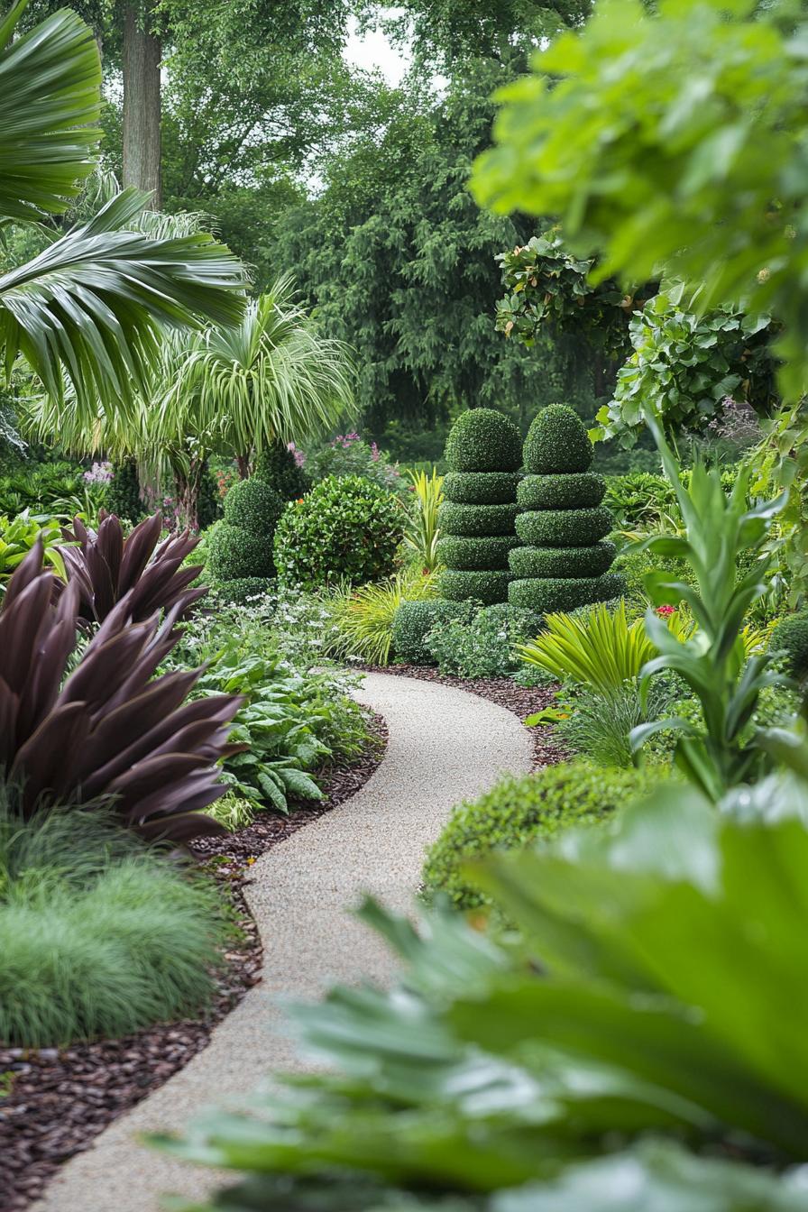 Curved pebble path with lush tropical plants