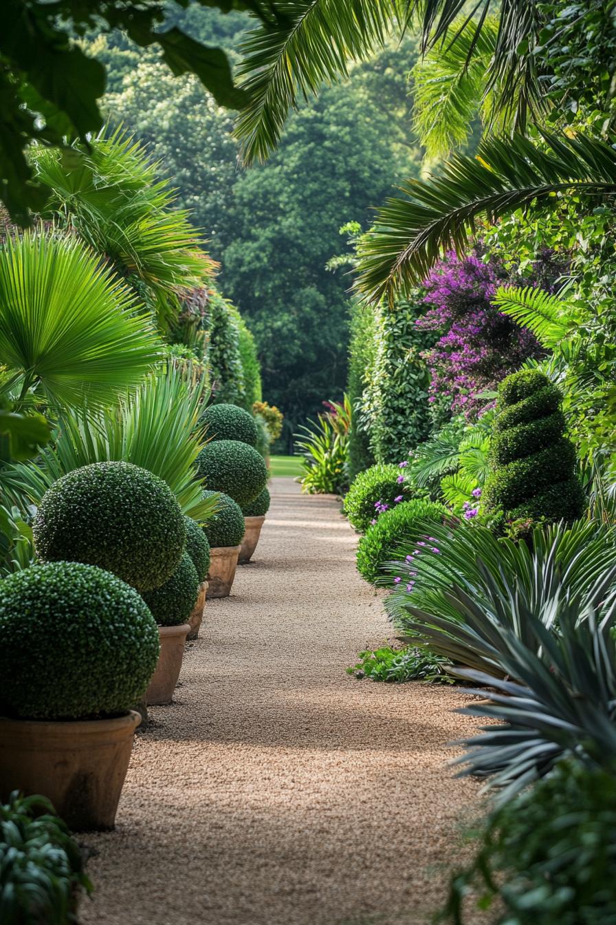 Lush garden path with spherical shrubs and vibrant foliage