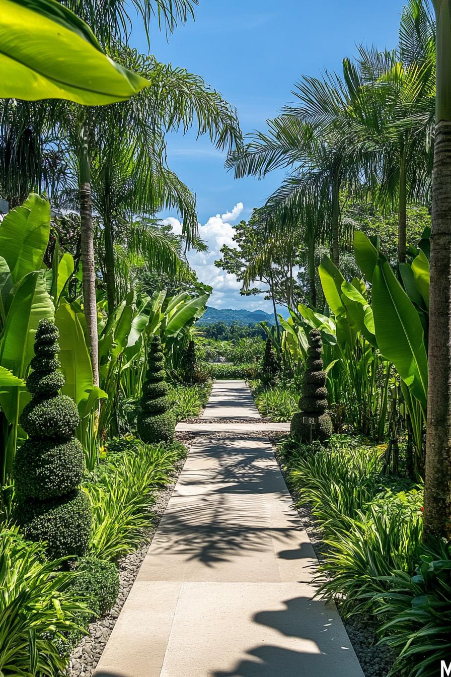 Tropical pathway lined with palms and topiary