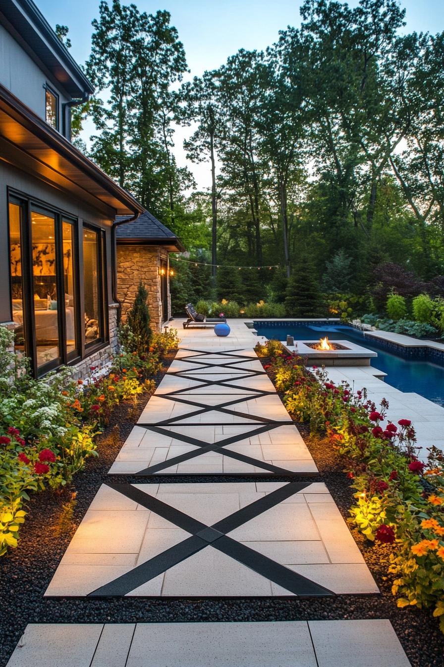 A beautifully lit walkway with a pool and garden in the background