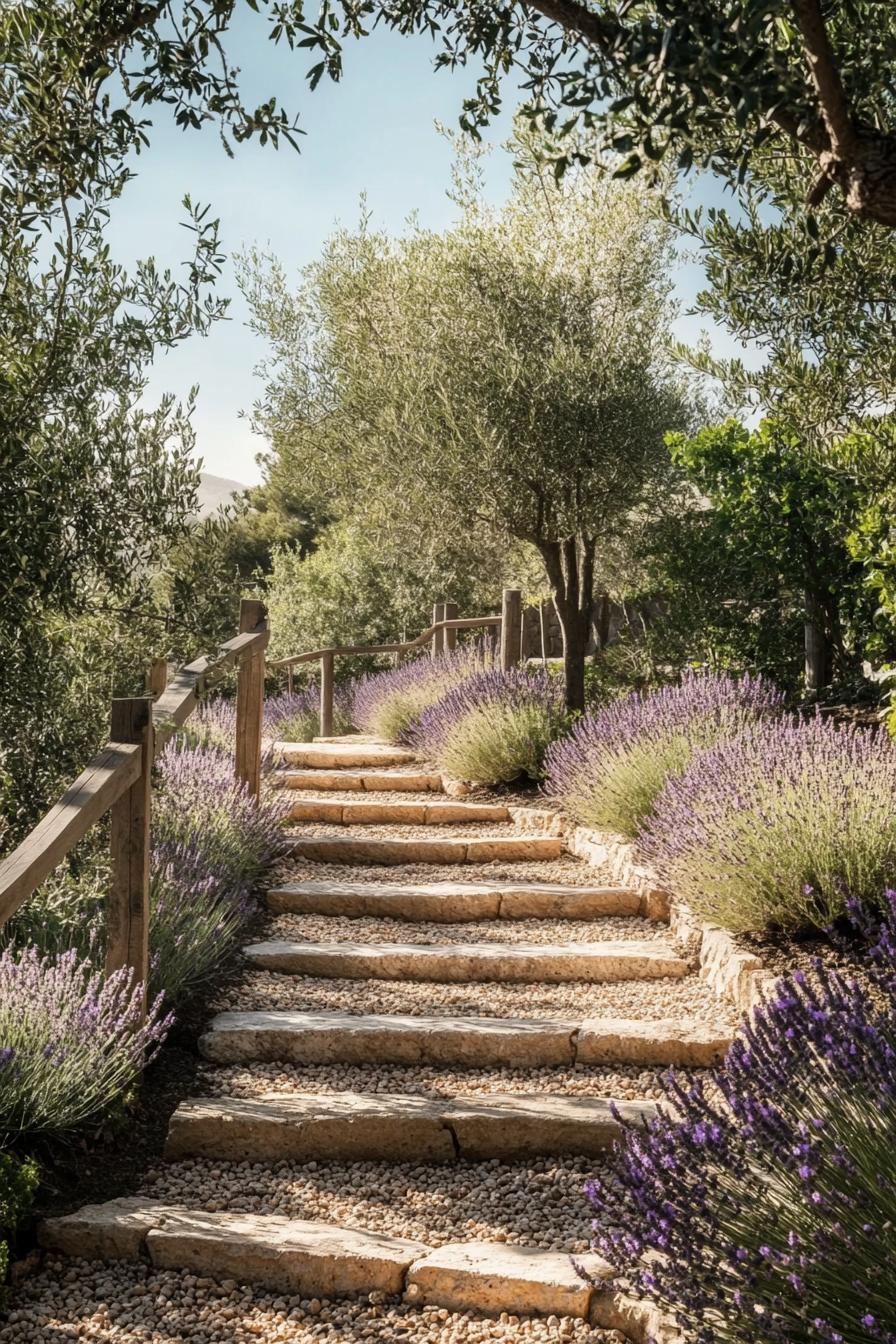 Rustic stone steps embraced by lush lavender