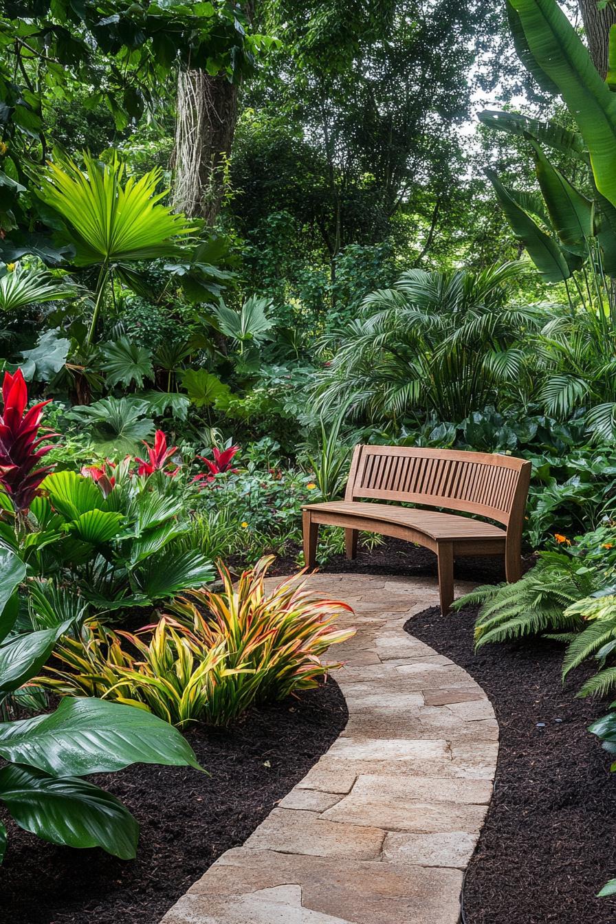 Curving stone path with a garden bench and lush tropical plants