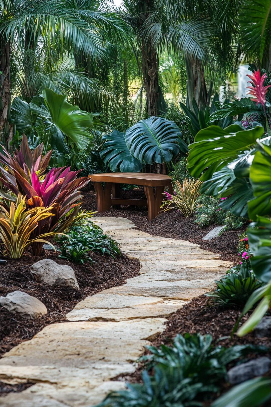 Stone path winding through lush foliage with a wooden bench