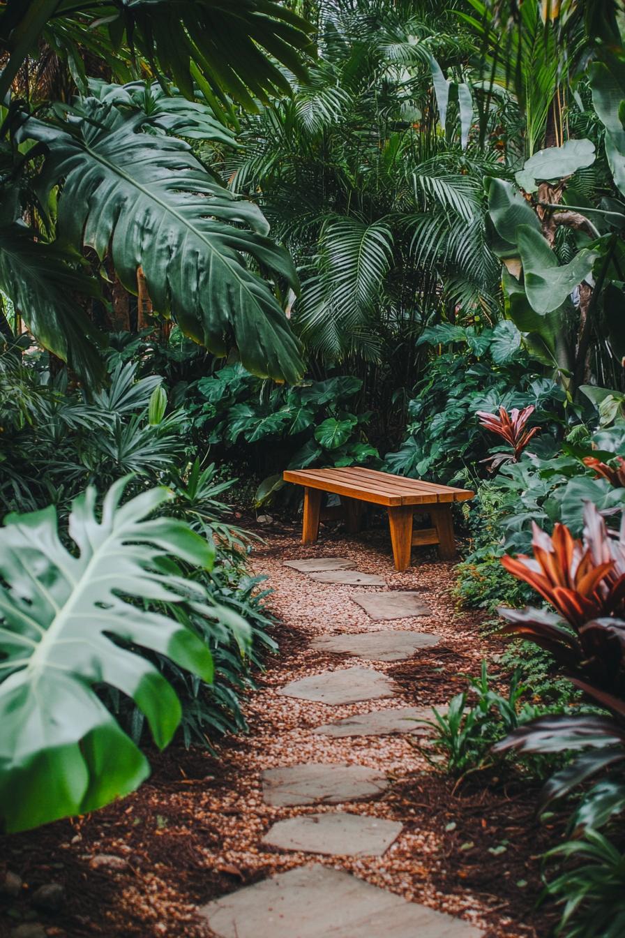 Wooden bench amid lush tropical greenery