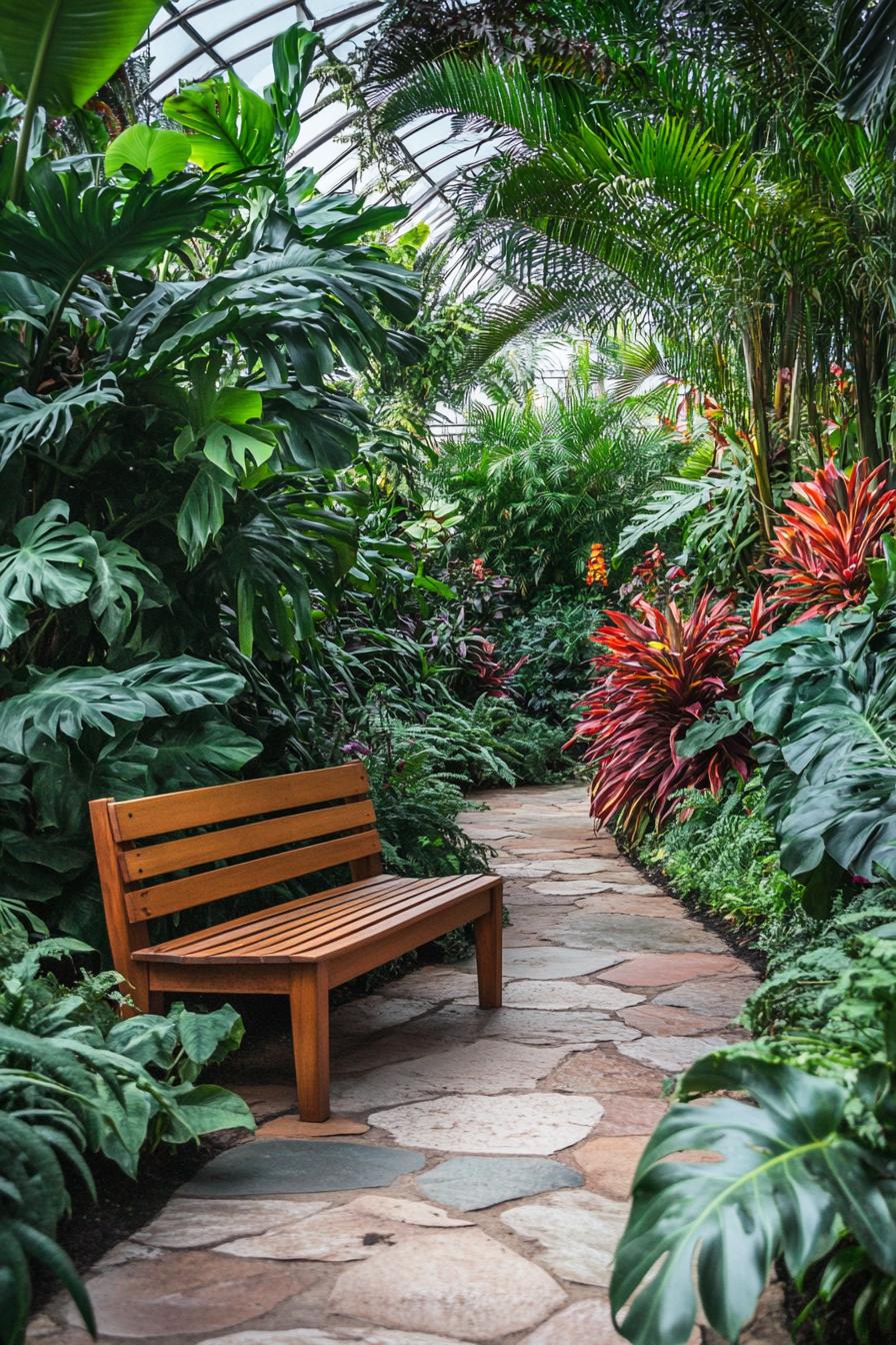 Wooden bench along a stone path in a tropical garden