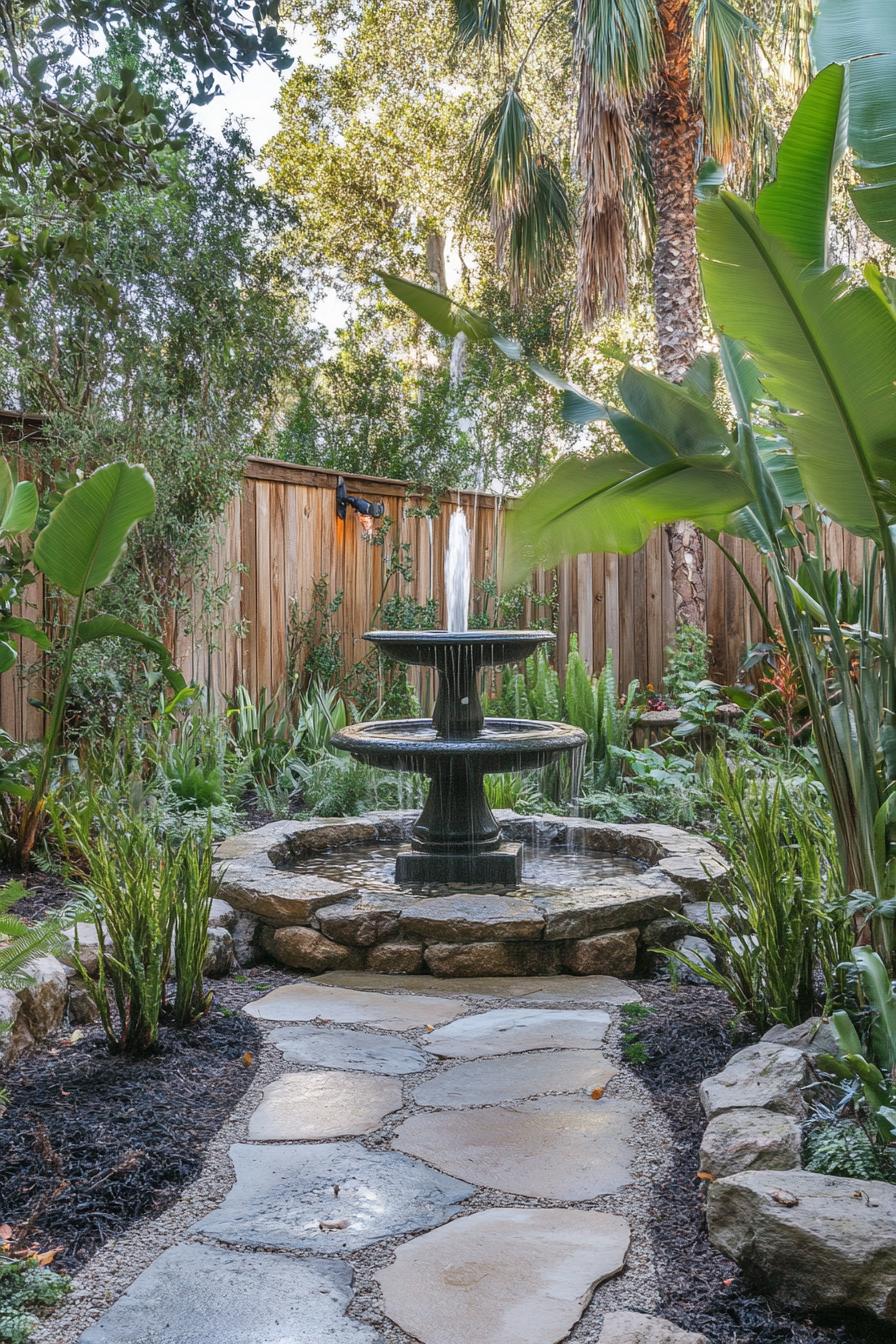 Sprightly garden with stone path and water fountain