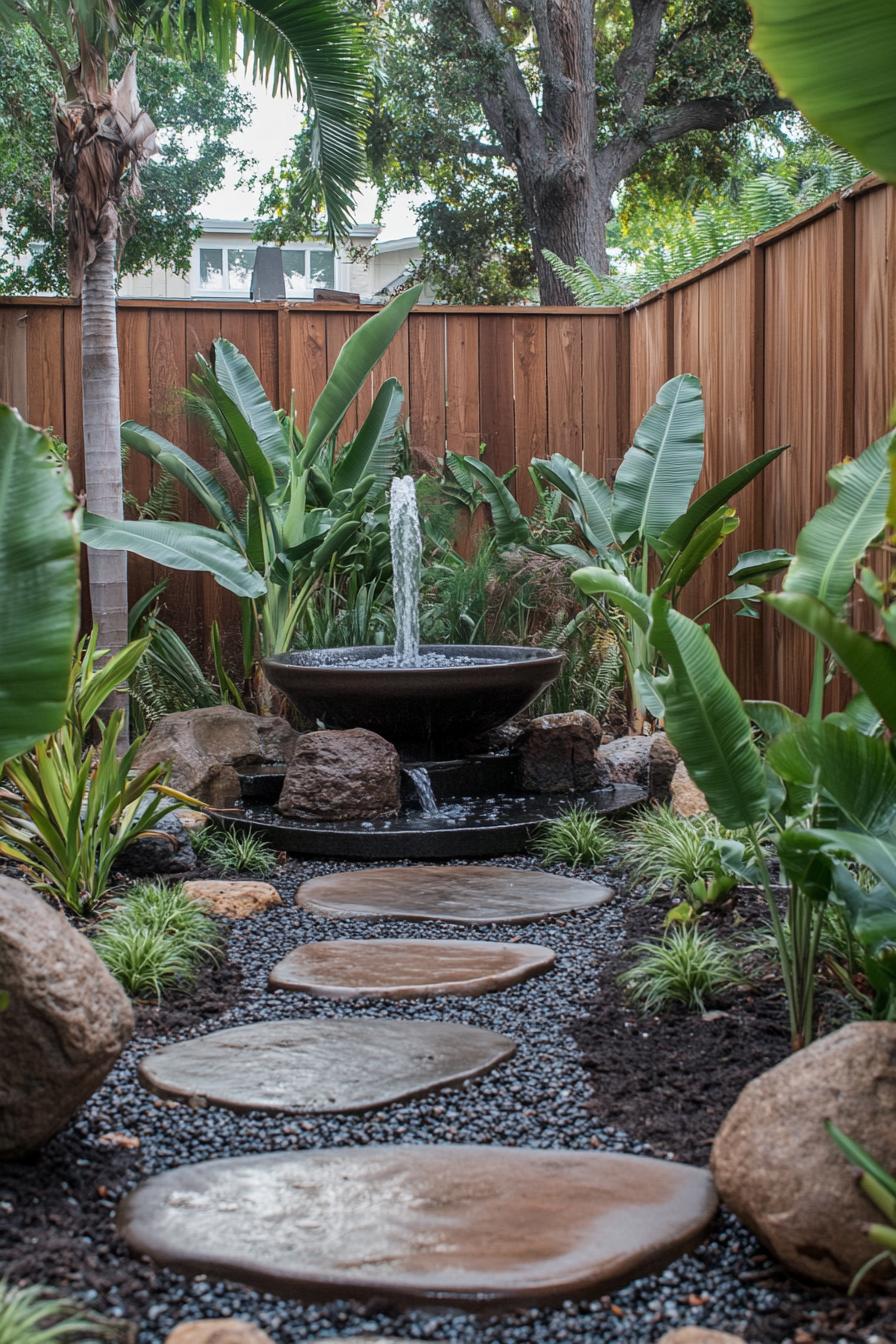 Serene garden path with a central fountain and lush greenery