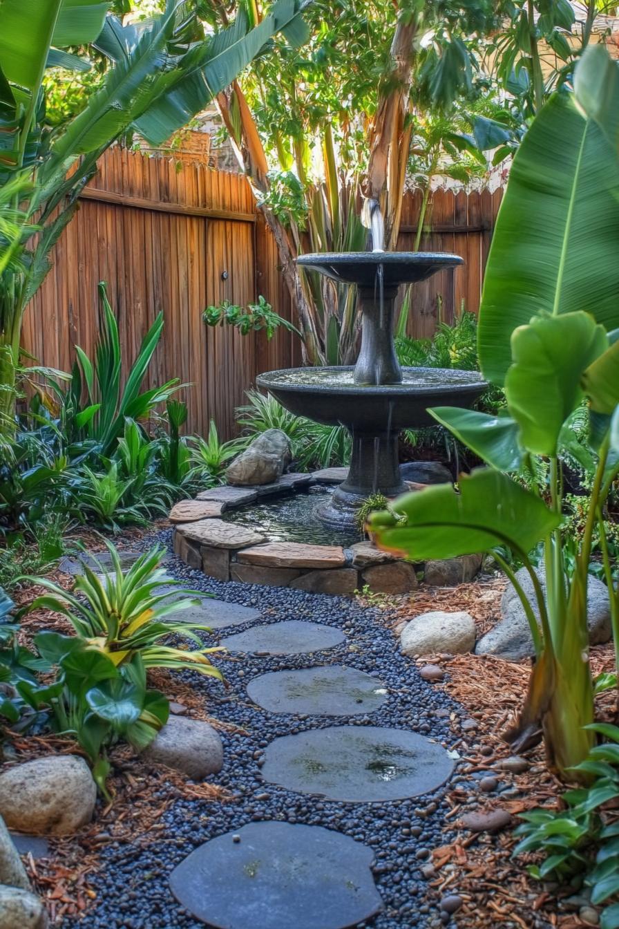 Tropical garden with a stone path and a fountain