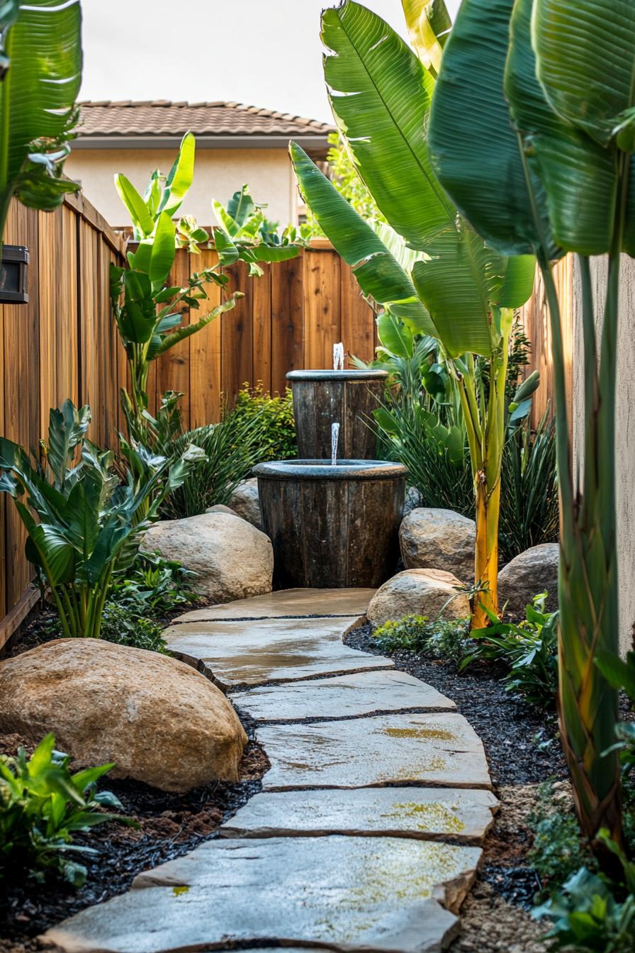 Serene pathway with tropical plants and a fountain