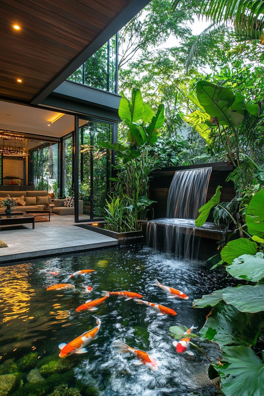 Koi pond with vibrant fish near a serene waterfall