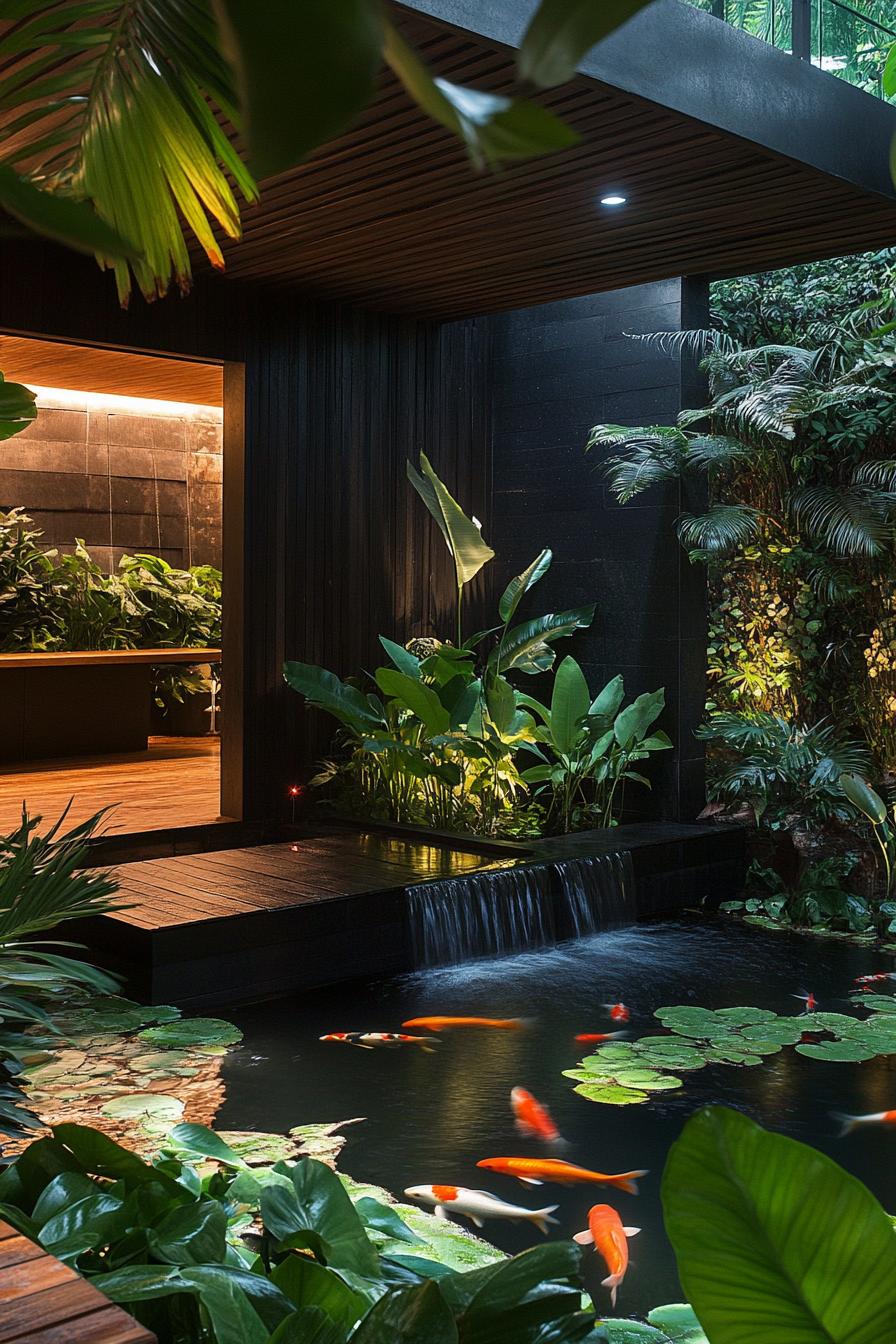 Tropical garden pond with koi fish and rich greenery