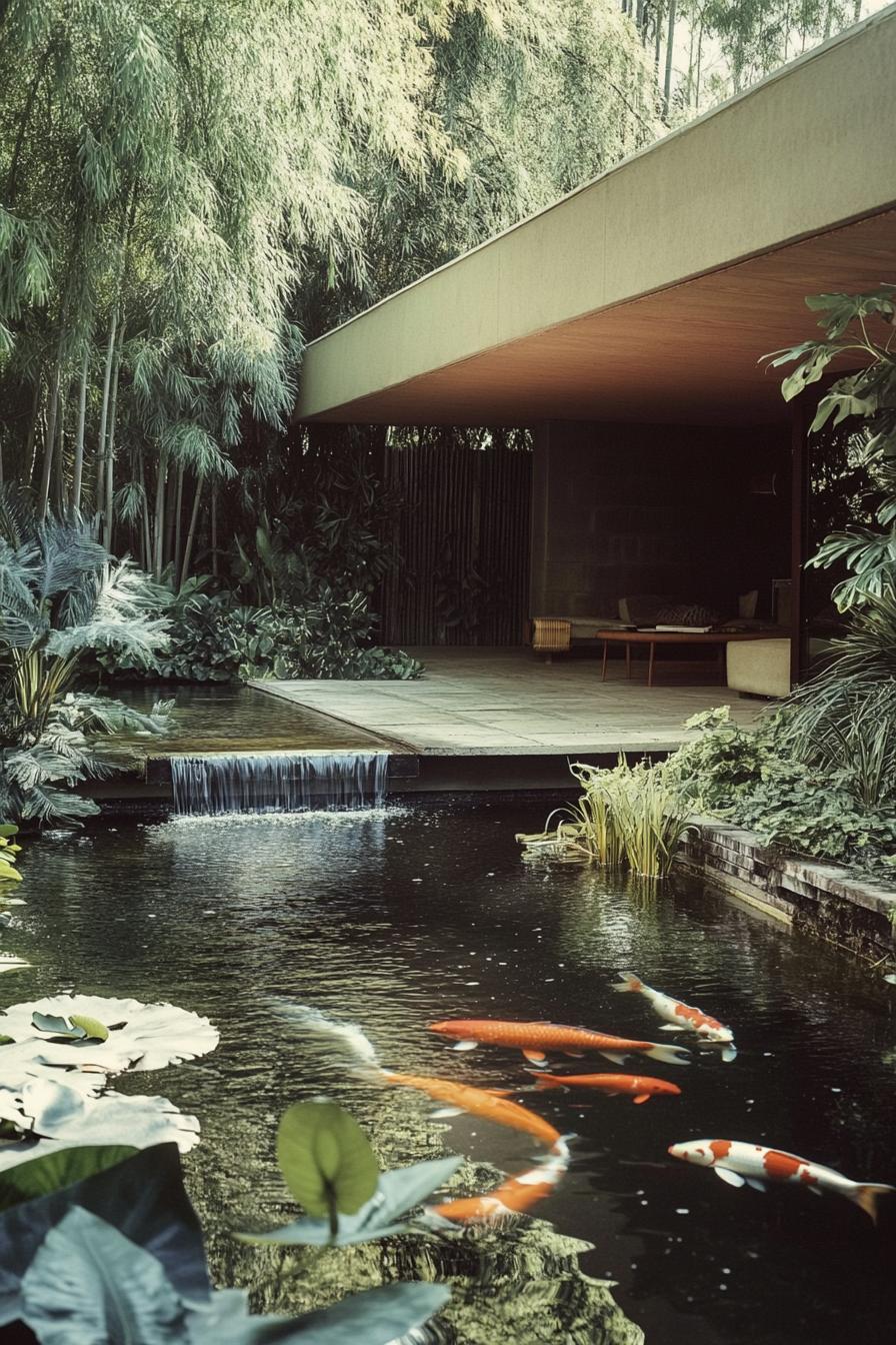 Tropical garden with koi pond and cozy seating