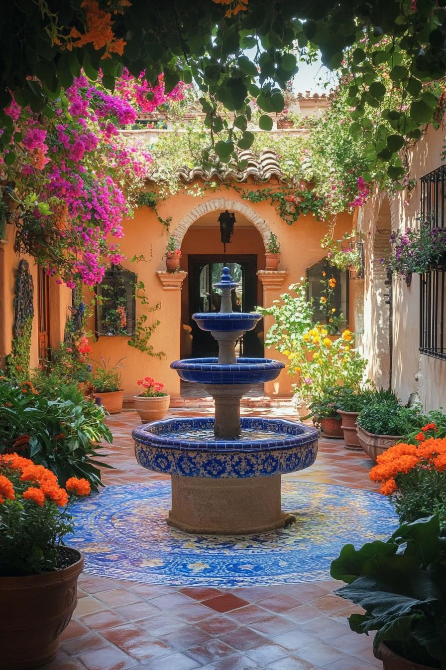 Vibrant courtyard with a central blue-tiled fountain and colorful flowers