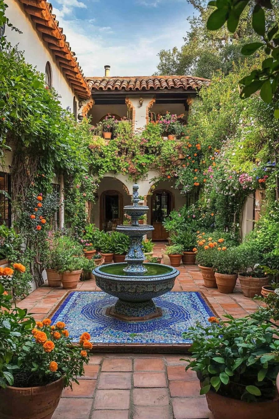 Lush courtyard with a central colorful fountain