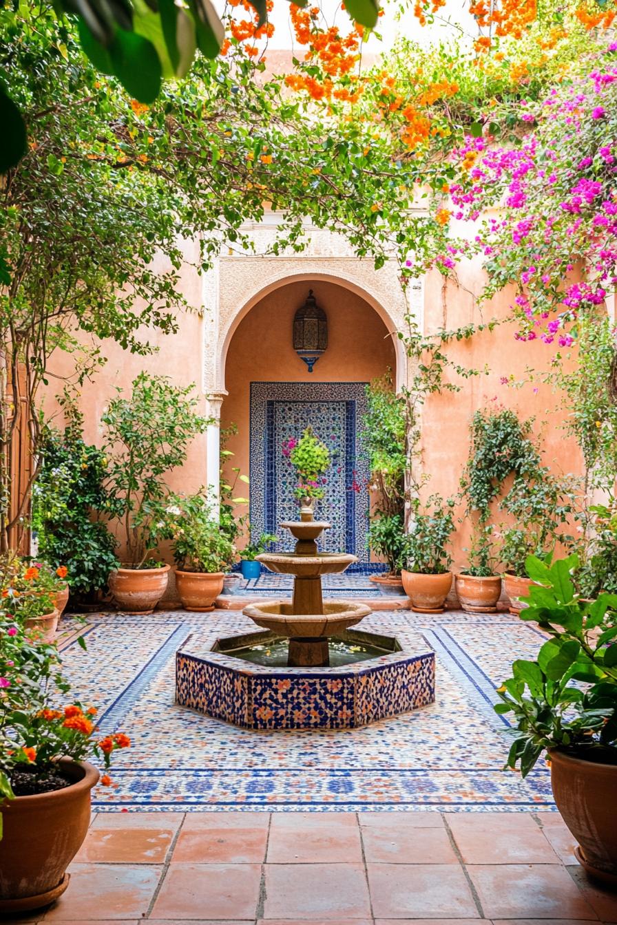 A colorful mosaic courtyard with a central fountain