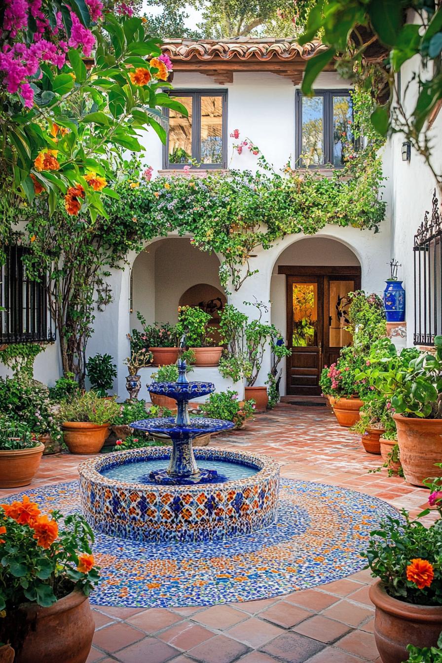 Vibrant patio featuring a tiled fountain and lush greenery